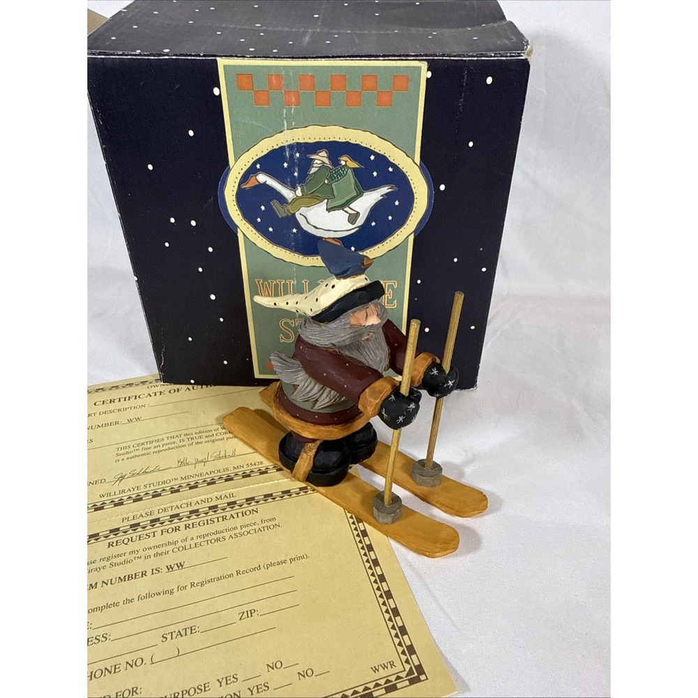 Williraye Studio Santa on Skis Figurine WW2224 Folk Art Winter Decor Box COA